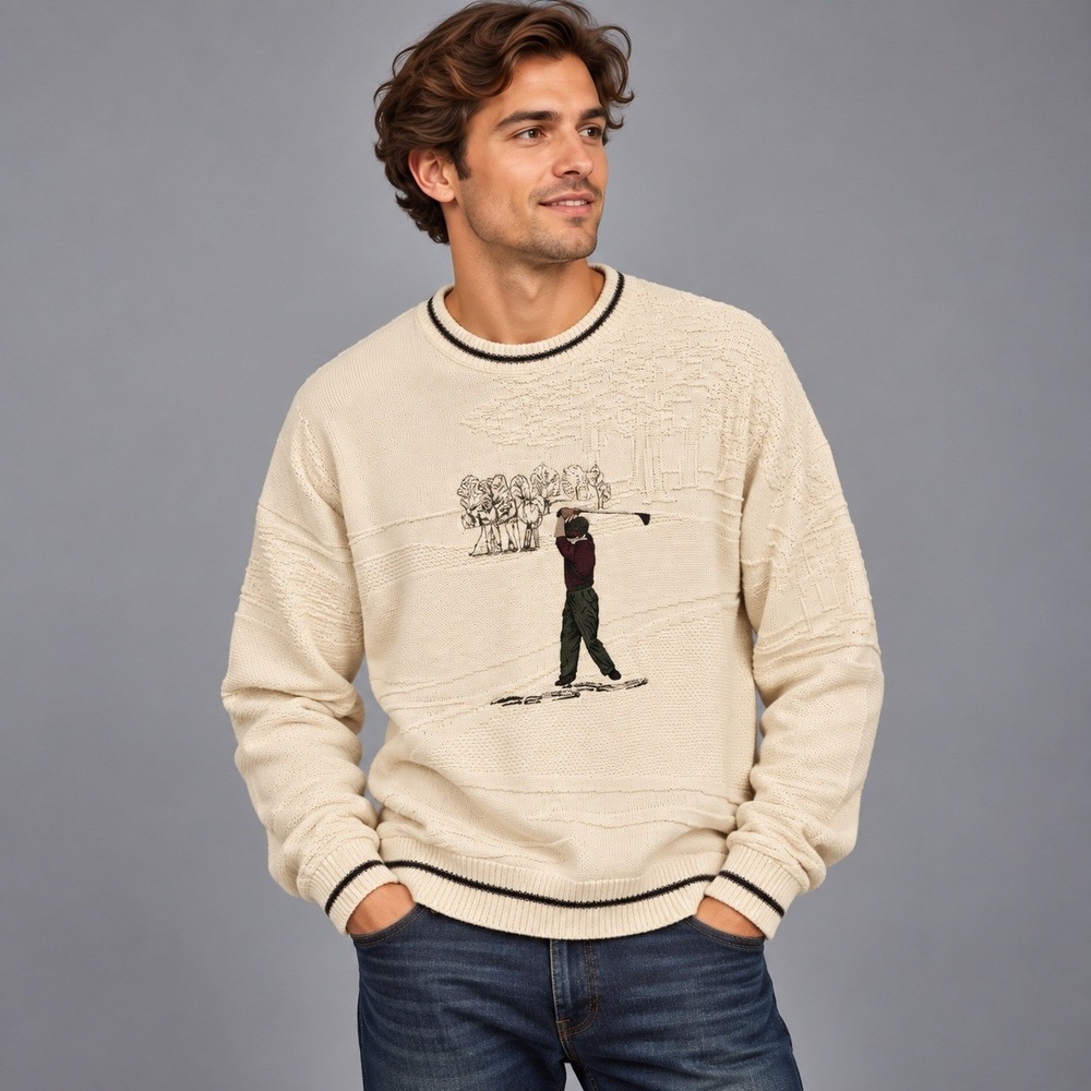Vintage Textured Knit Golf Sweater Mens 2XLT Cream Embroidered Golfer Crewneck